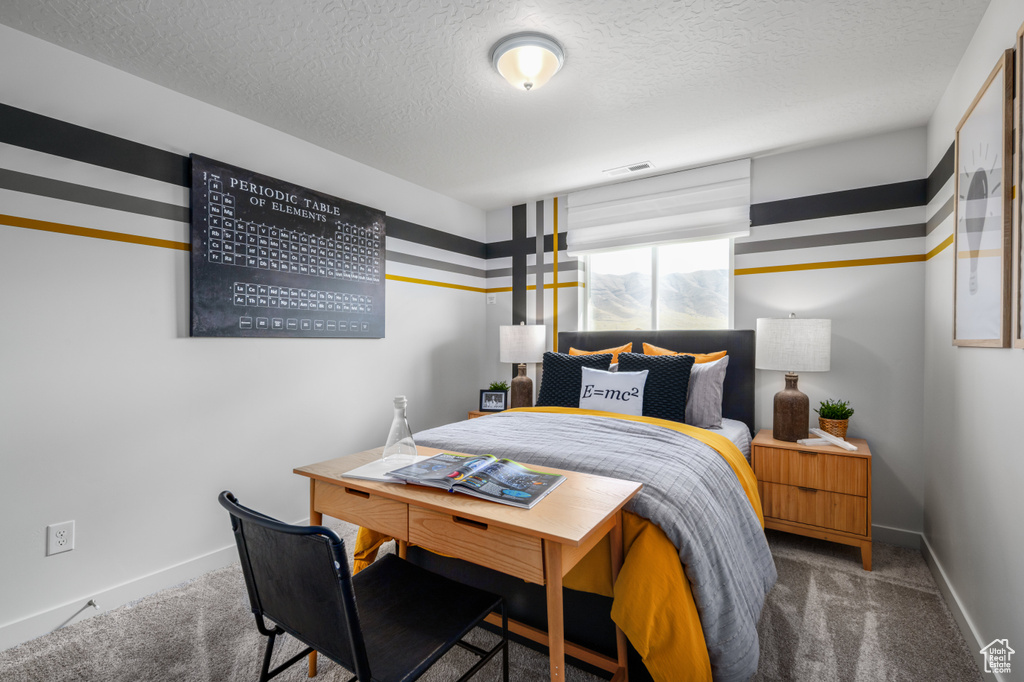 Bedroom featuring a textured ceiling, baseboards, visible vents, and carpet floors