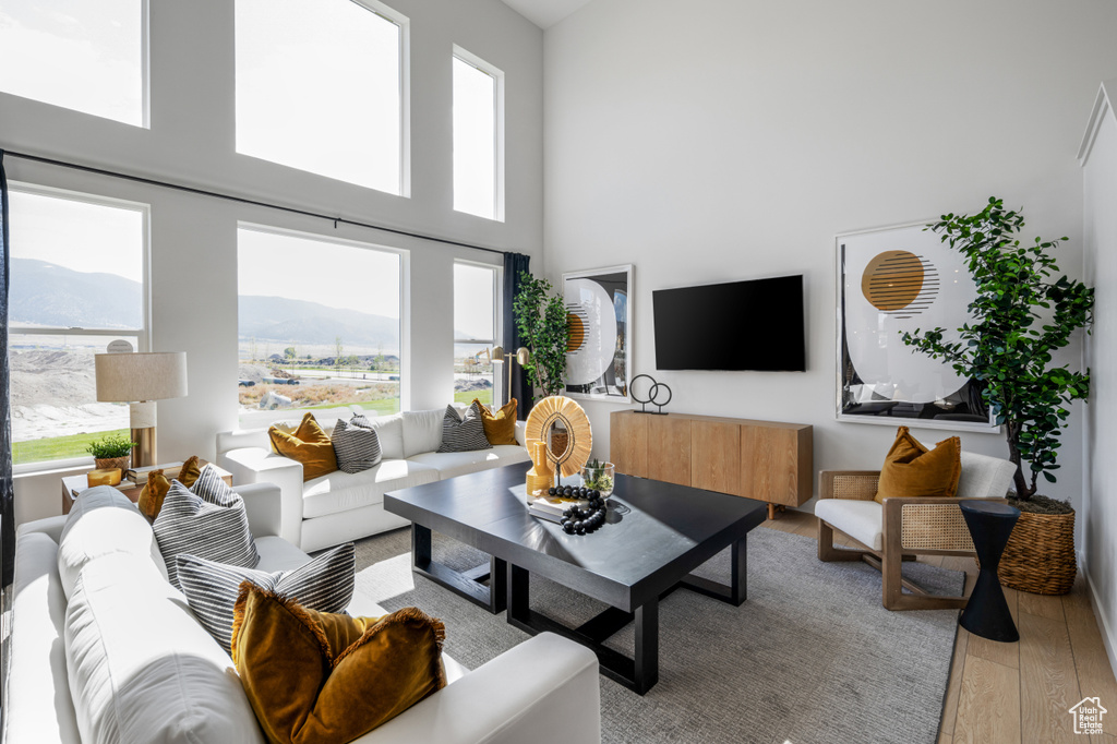 Living room featuring a high ceiling and wood finished floors
