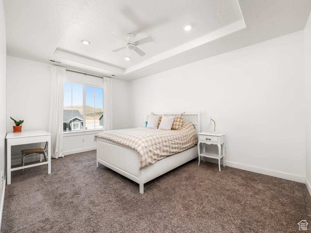 Bedroom with baseboards, carpet flooring, a tray ceiling, and recessed lighting