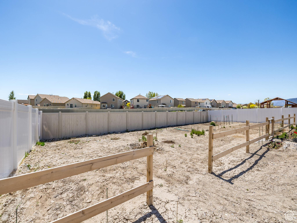 View of yard with a fenced backyard and a residential view