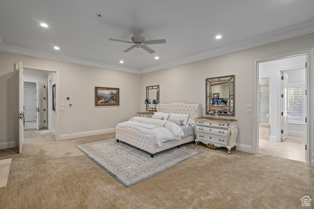 Bedroom featuring crown molding, light carpet, baseboards, and recessed lighting