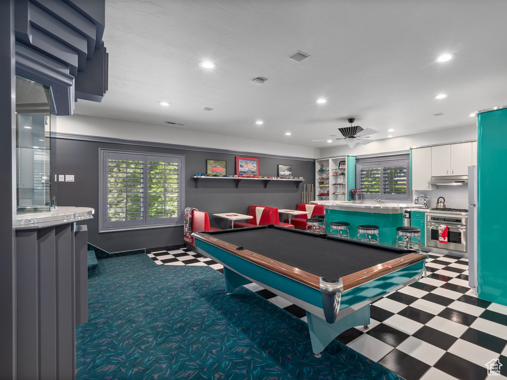 Recreation room featuring tile patterned floors, recessed lighting, and billiards