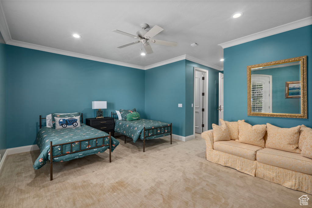 Bedroom featuring carpet, baseboards, ornamental molding, and recessed lighting
