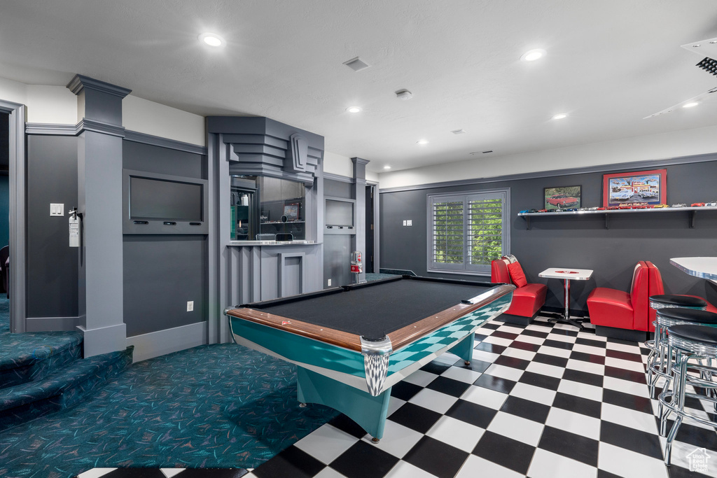 Rec room featuring billiards, recessed lighting, and tile patterned floors