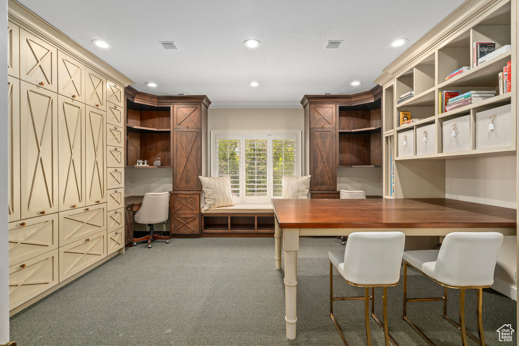 Office space featuring ornamental molding, recessed lighting, and carpet floors