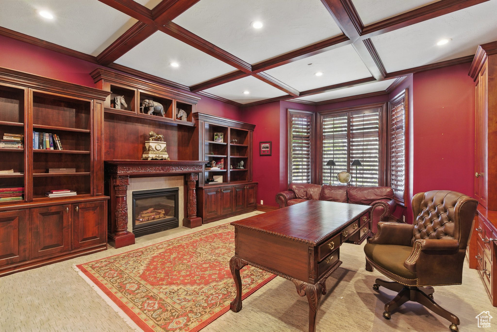 Office space featuring a premium fireplace, recessed lighting, coffered ceiling, beam ceiling, and light colored carpet