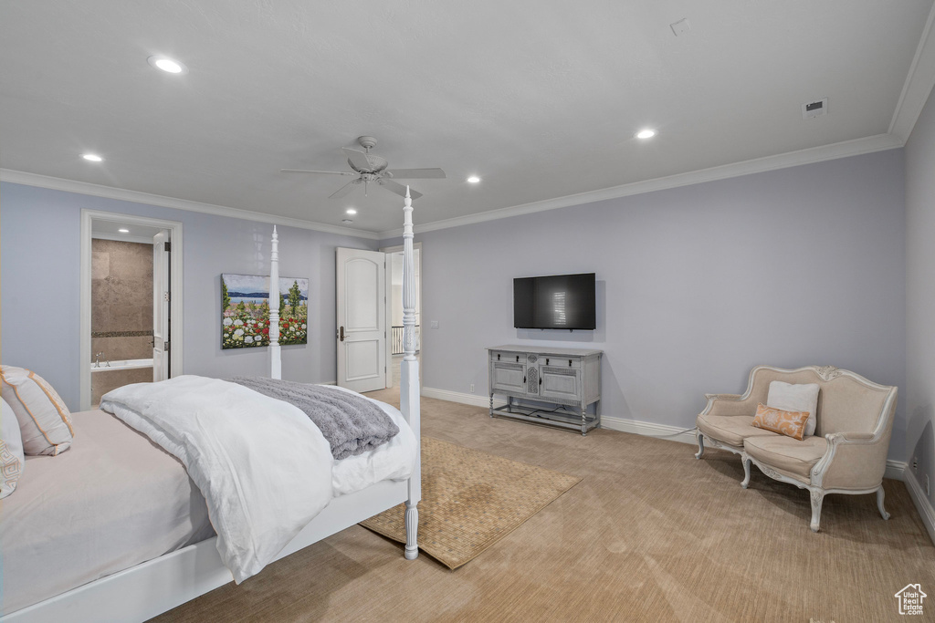 Bedroom featuring light carpet, baseboards, visible vents, and recessed lighting