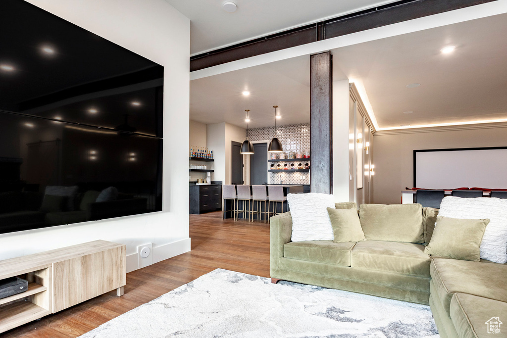 Living area with wood finished floors