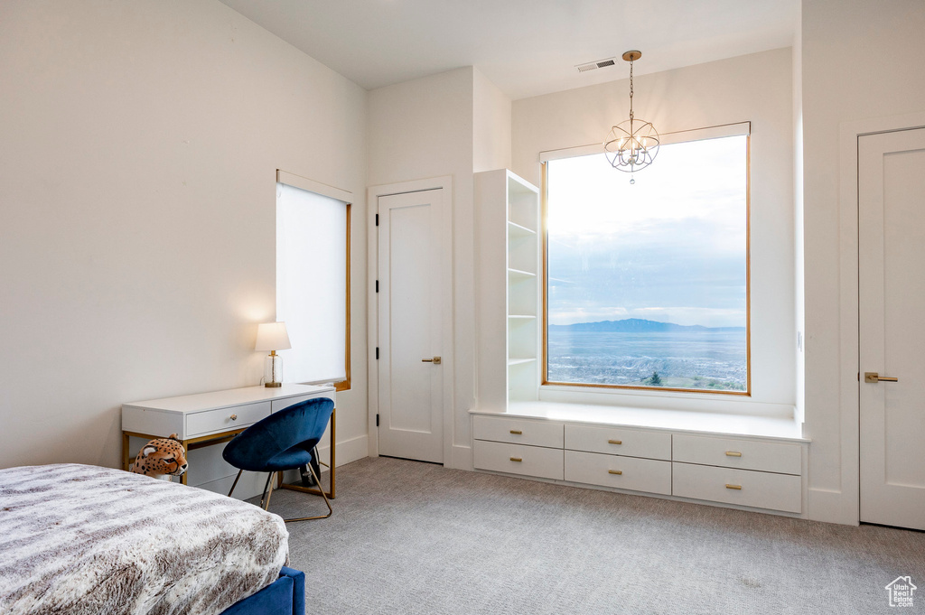 Carpeted bedroom featuring visible vents and multiple windows