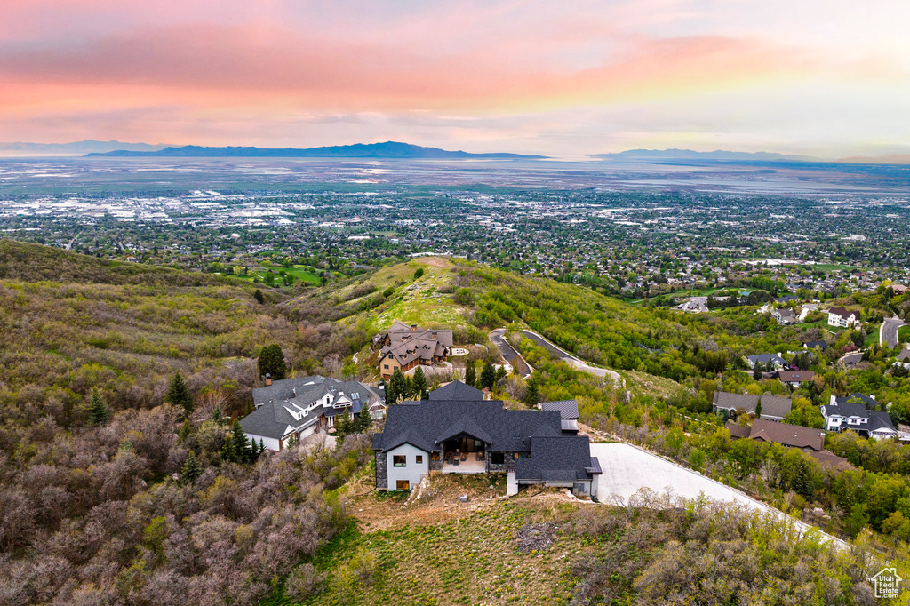 Aerial view at dusk with a mountain view