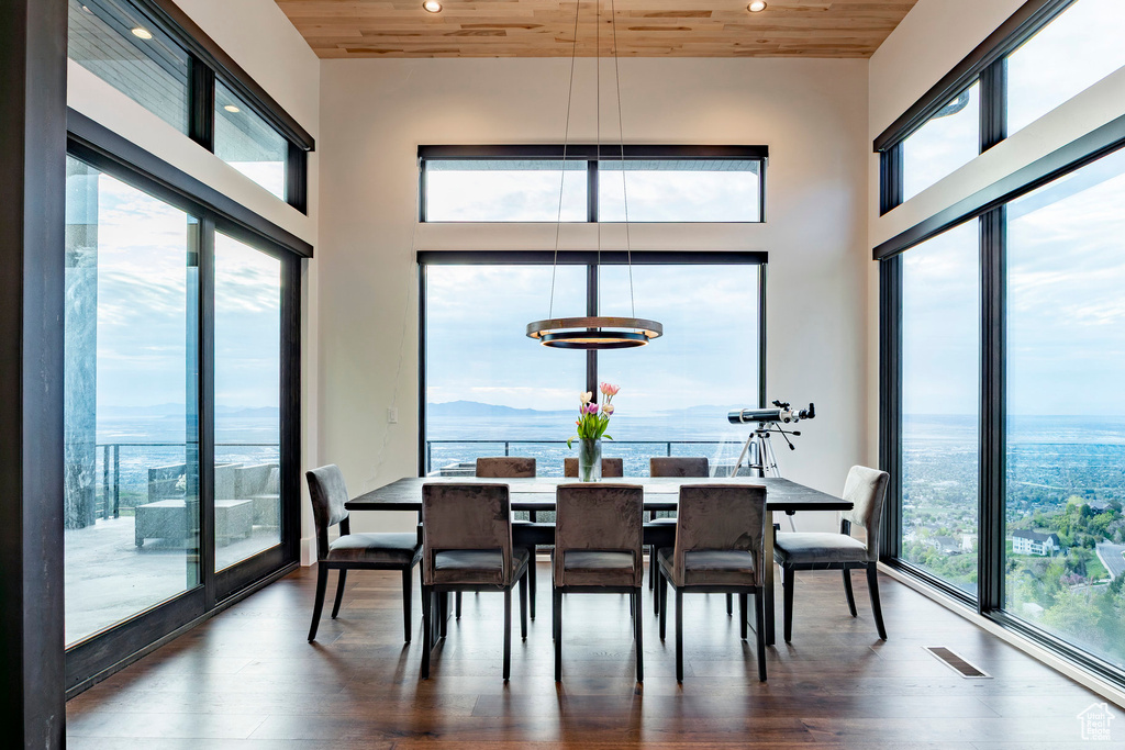 Dining space with wooden ceiling, a water view, visible vents, and recessed lighting