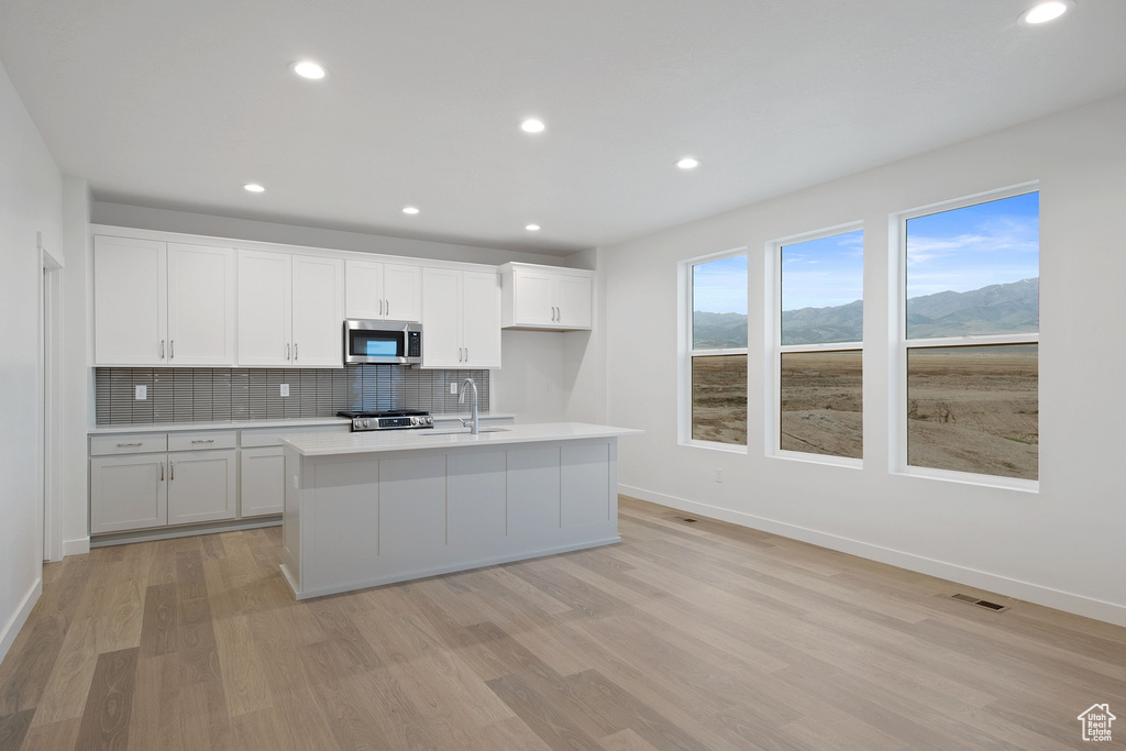 Kitchen featuring baseboards, light wood finished floors, a sink, stainless steel microwave, and backsplash