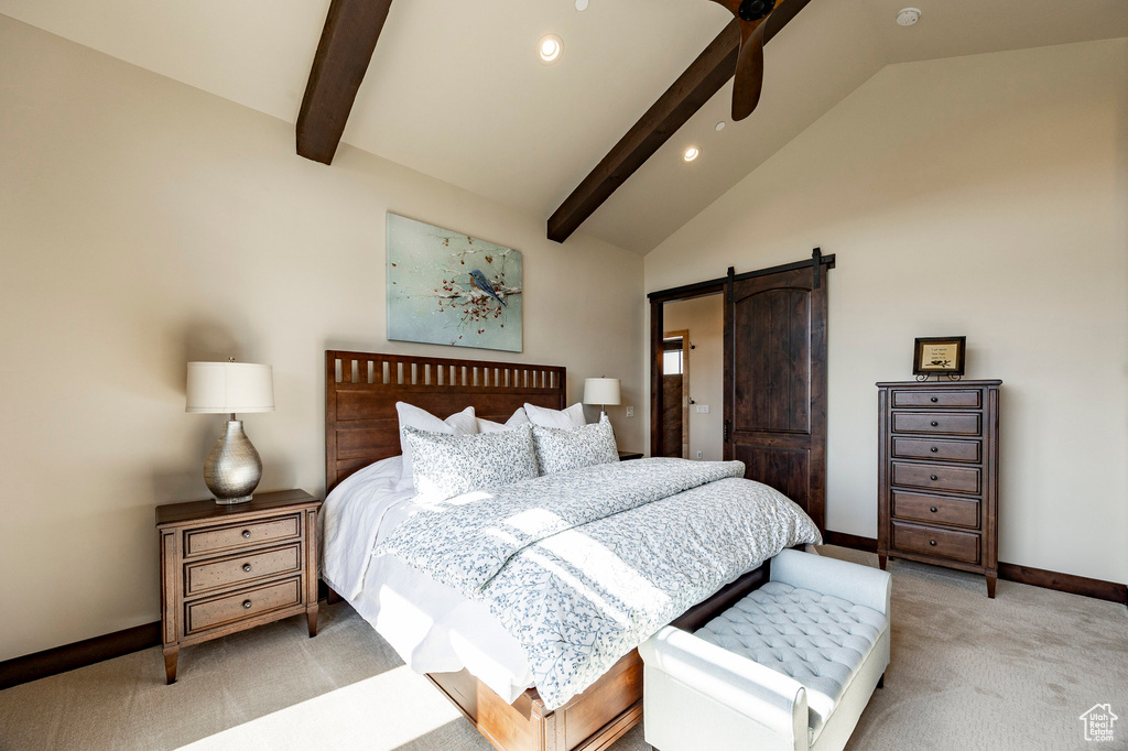 Bedroom featuring vaulted ceiling with beams, a barn door, baseboards, light colored carpet, and recessed lighting