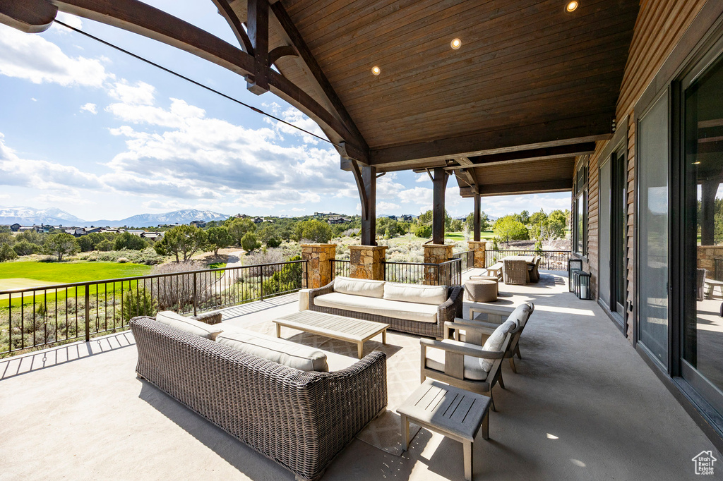 View of patio / terrace with a mountain view and outdoor lounge area
