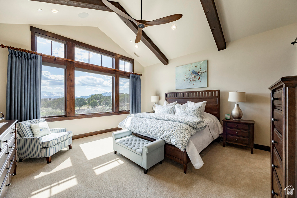 Bedroom featuring light colored carpet, recessed lighting, beamed ceiling, a ceiling fan, and baseboards