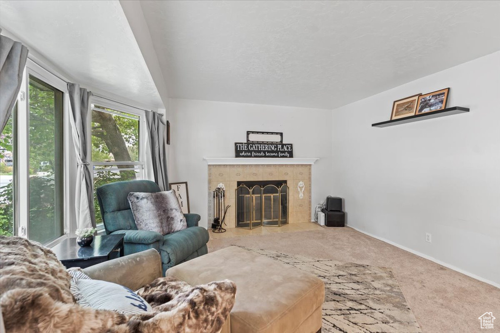 Living area with carpet, baseboards, and a tile fireplace