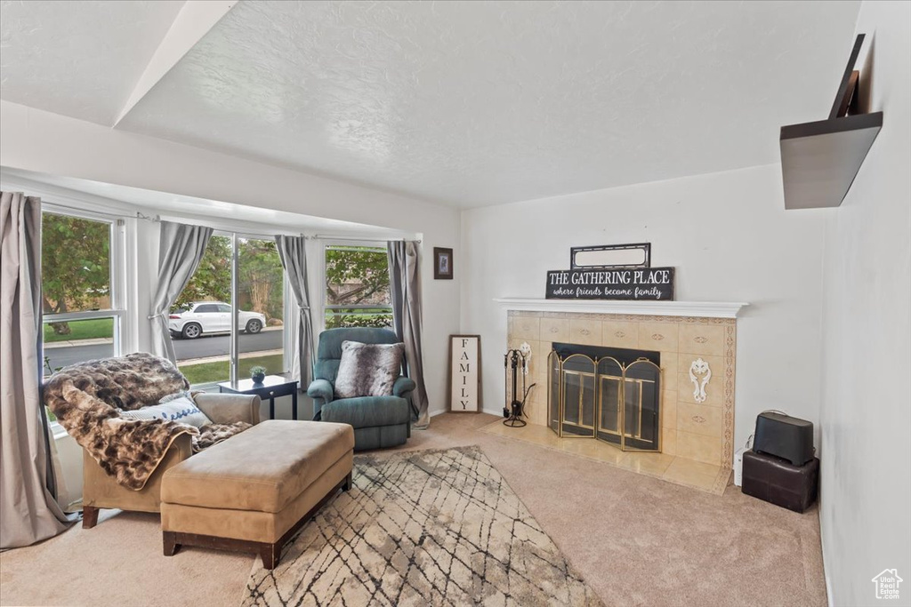 Carpeted living area featuring a wealth of natural light, a fireplace, and a textured ceiling
