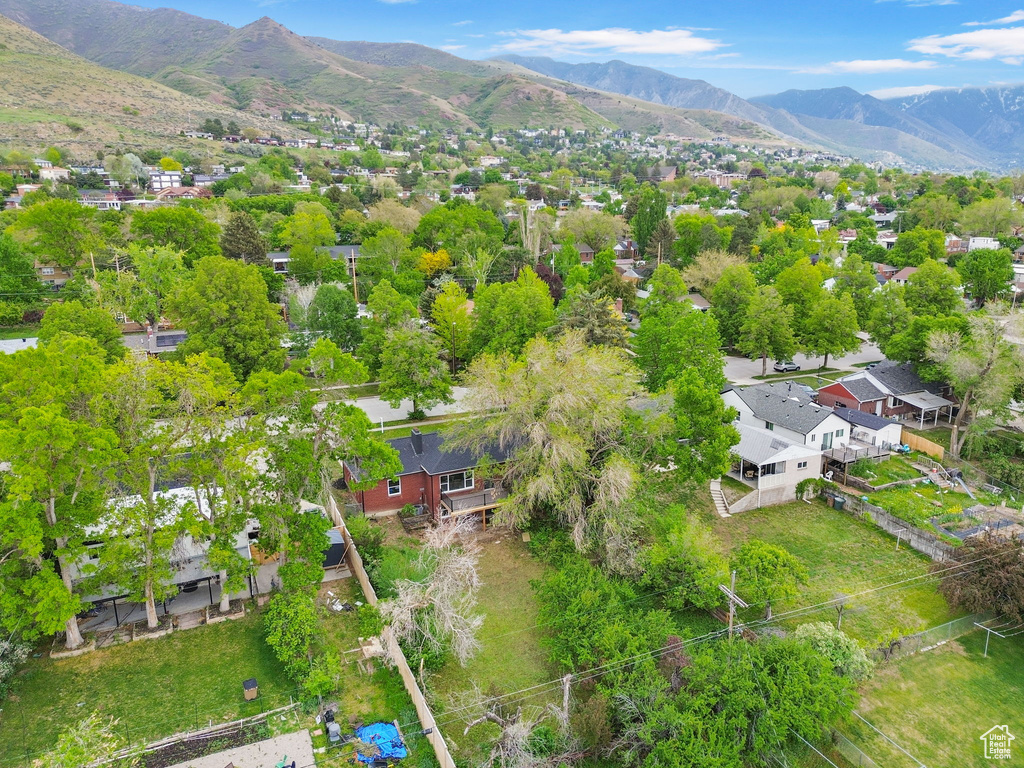 Drone / aerial view featuring a mountain view and a residential view