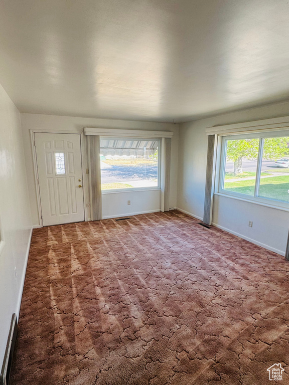 Entrance foyer with baseboards, a healthy amount of sunlight, and carpet