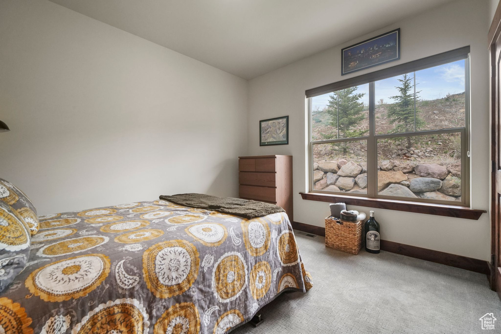 Carpeted bedroom featuring baseboards and lofted ceiling