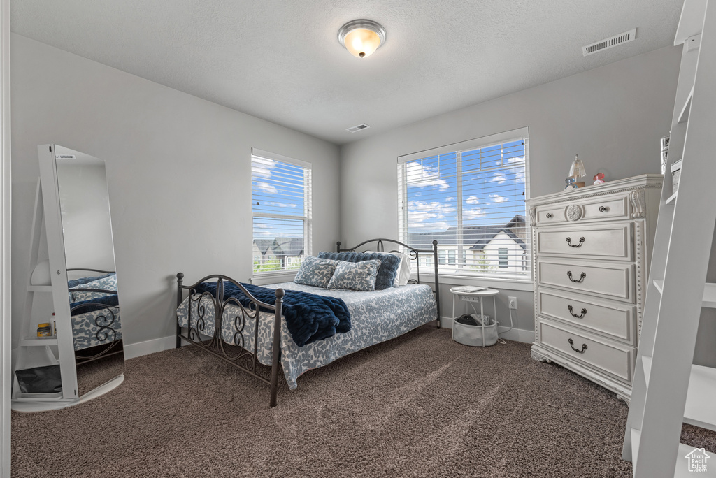 Bedroom with visible vents, baseboards, and carpet floors