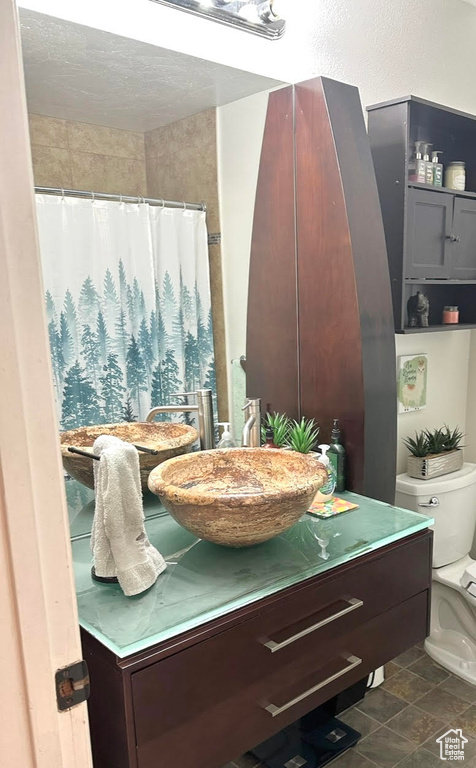 Bathroom with vanity, toilet, and a shower with shower curtain