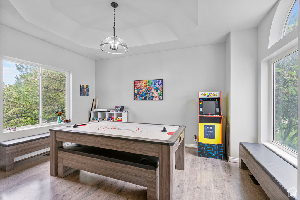 Playroom featuring light wood-style flooring, a notable chandelier, baseboards, and a raised ceiling