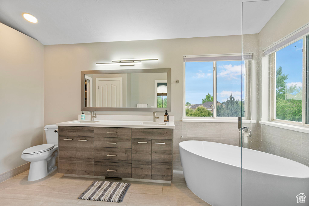 Full bath featuring a freestanding bath, a wealth of natural light, and a sink