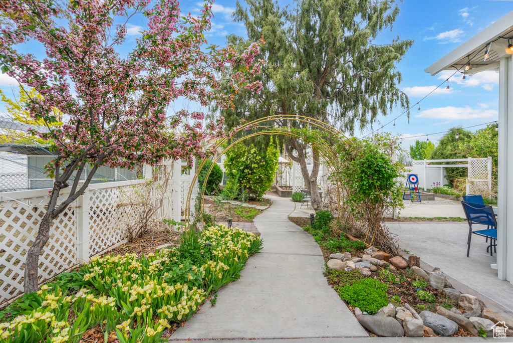 View of home's community with a patio and fence