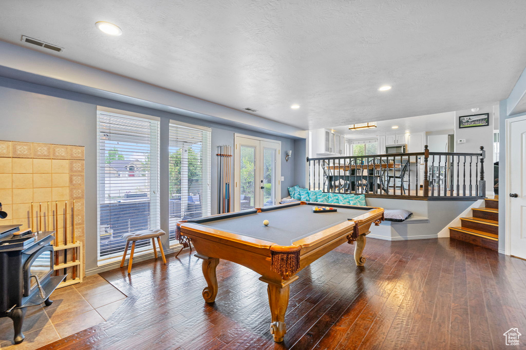 Playroom featuring recessed lighting, visible vents, pool table, and hardwood / wood-style flooring