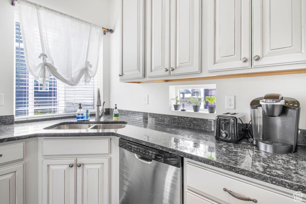 Kitchen featuring a sink, white cabinets, stainless steel dishwasher, and a healthy amount of sunlight