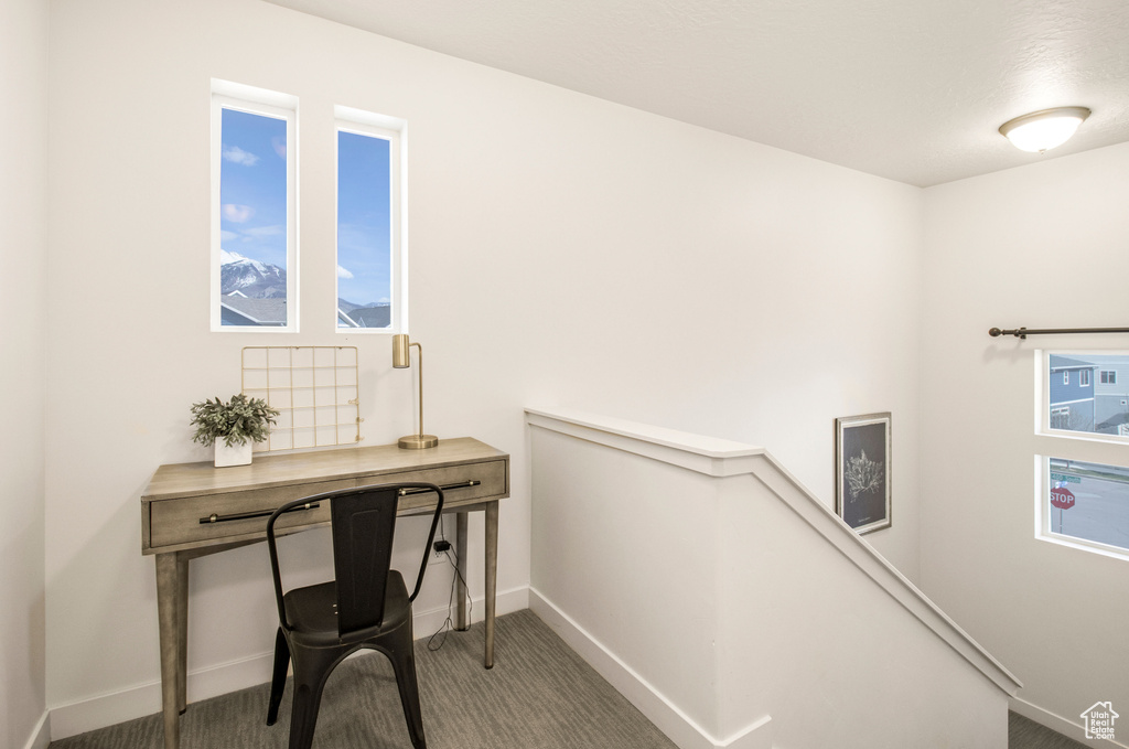 Carpeted office space with baseboards