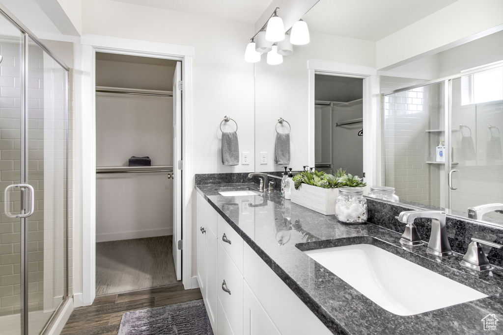 Bathroom with wood finished floors, a sink, a walk in closet, and a stall shower