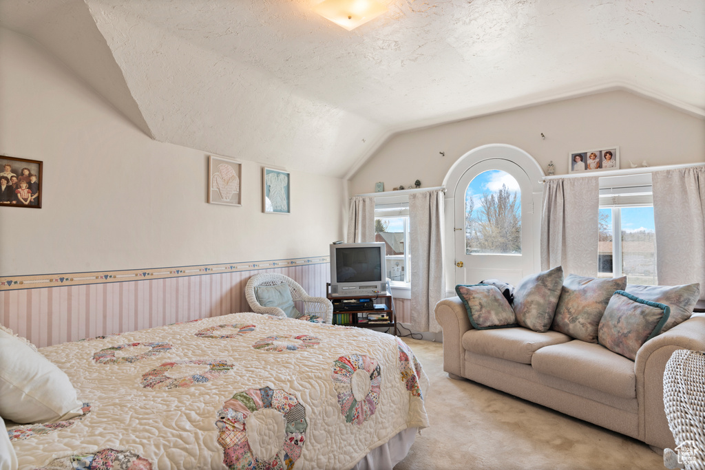 Bedroom featuring carpet flooring, a textured ceiling, and vaulted ceiling