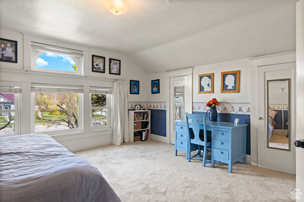 Bedroom featuring carpet flooring, multiple windows, and lofted ceiling