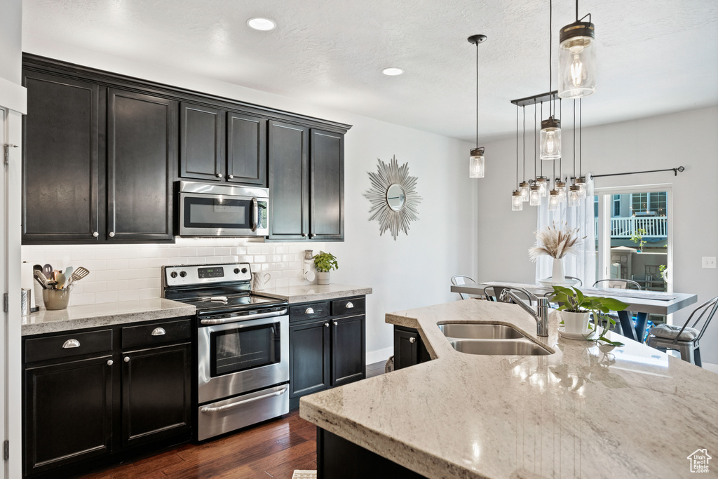 Kitchen featuring a sink, dark wood-style flooring, dark cabinets, and appliances with stainless steel finishes