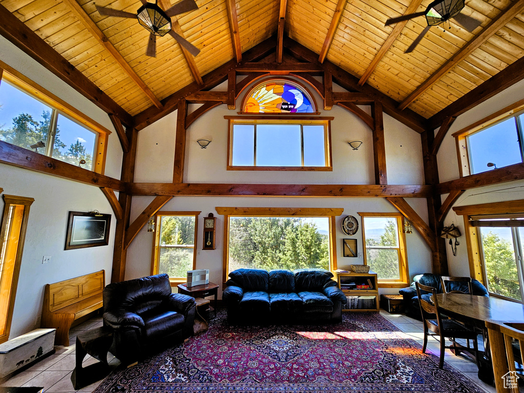 Living area with wood ceiling, a ceiling fan, beamed ceiling, and high vaulted ceiling