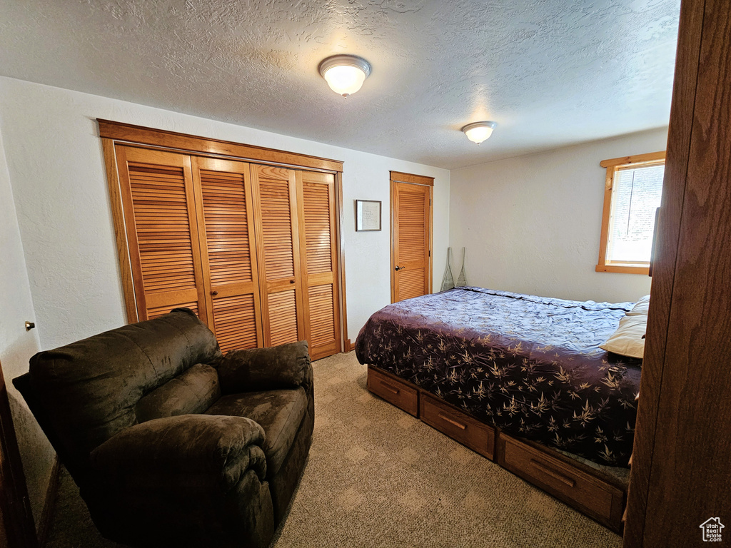 Bedroom featuring carpet, a textured ceiling, and two closets