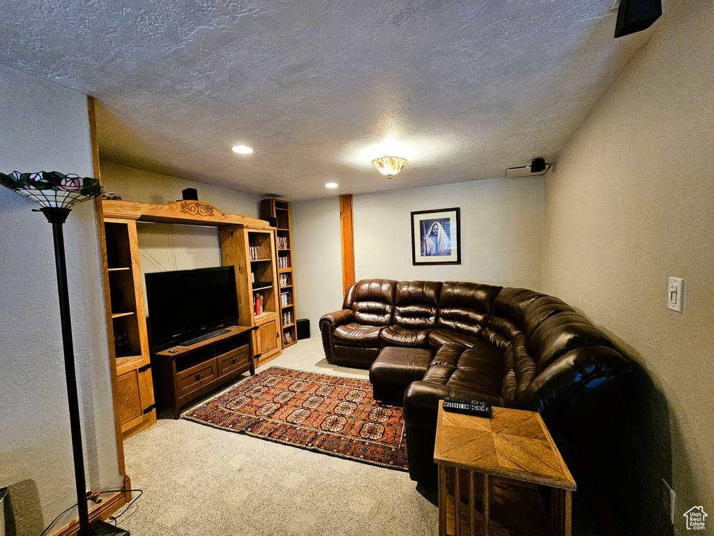 Carpeted living area featuring a textured ceiling and recessed lighting
