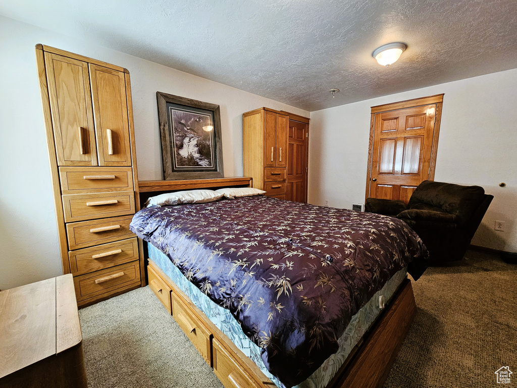 Bedroom with a textured ceiling and carpet