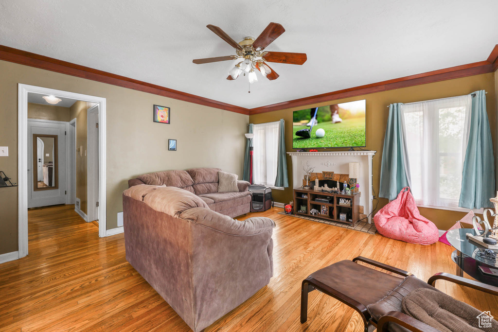 Living area featuring a ceiling fan, wood finished floors, crown molding, and baseboards