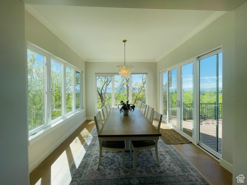 Sunroom / solarium featuring an inviting chandelier, french doors, baseboards, wood finished floors, and ornamental molding