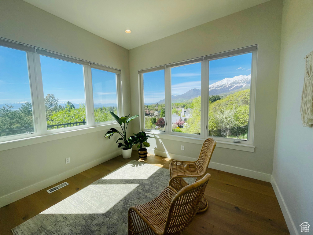 Sunroom / solarium featuring baseboards, a mountain view, a wealth of natural light, and hardwood / wood-style flooring