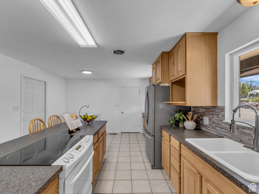 Kitchen with a sink, dark countertops, visible vents, electric stove, and backsplash