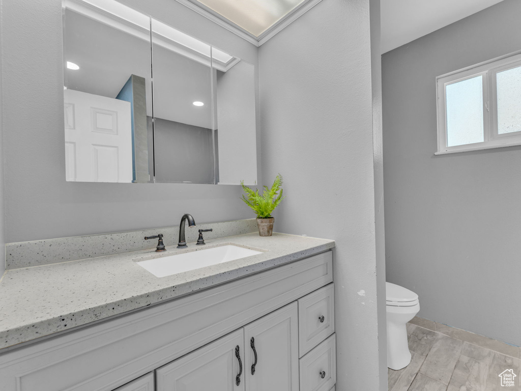 Bathroom with toilet, vanity, and wood finished floors