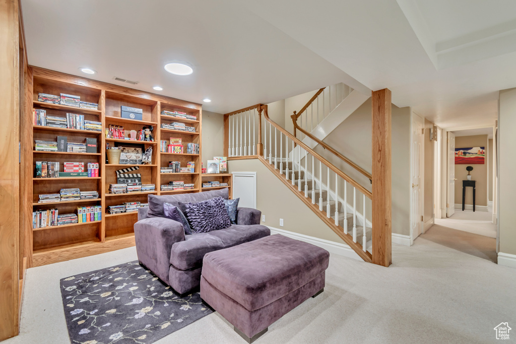 Sitting room with carpet, visible vents, baseboards, stairway, and recessed lighting