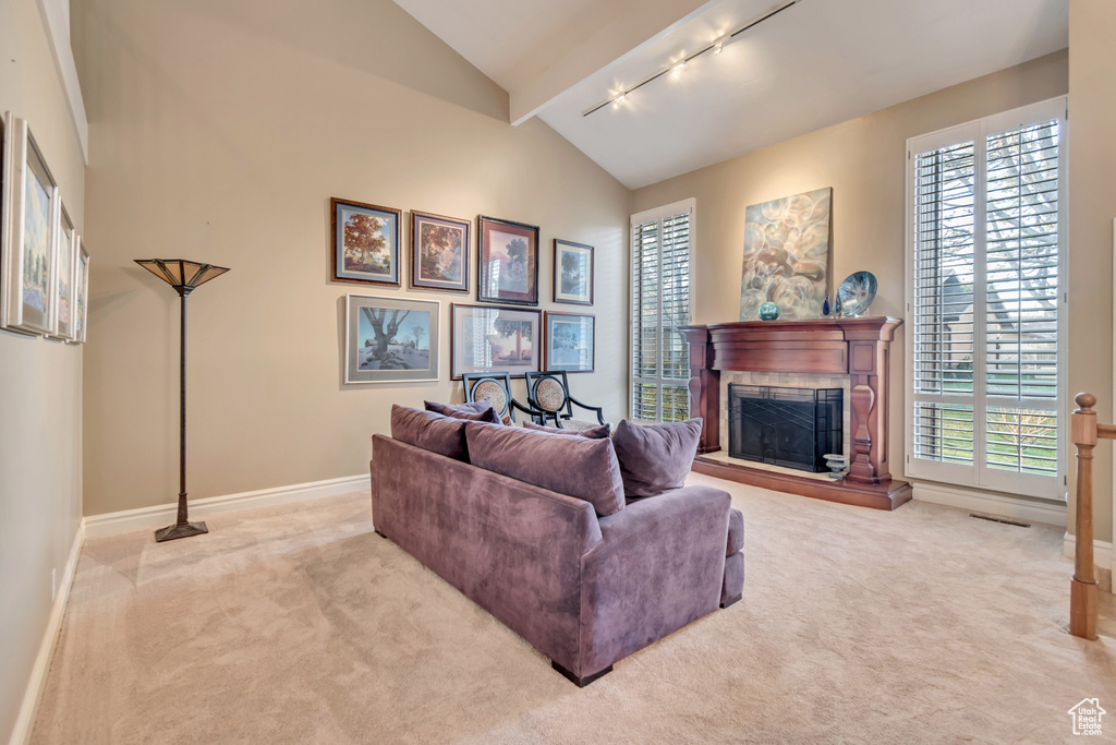 Carpeted living area featuring lofted ceiling, baseboards, a fireplace with raised hearth, and track lighting