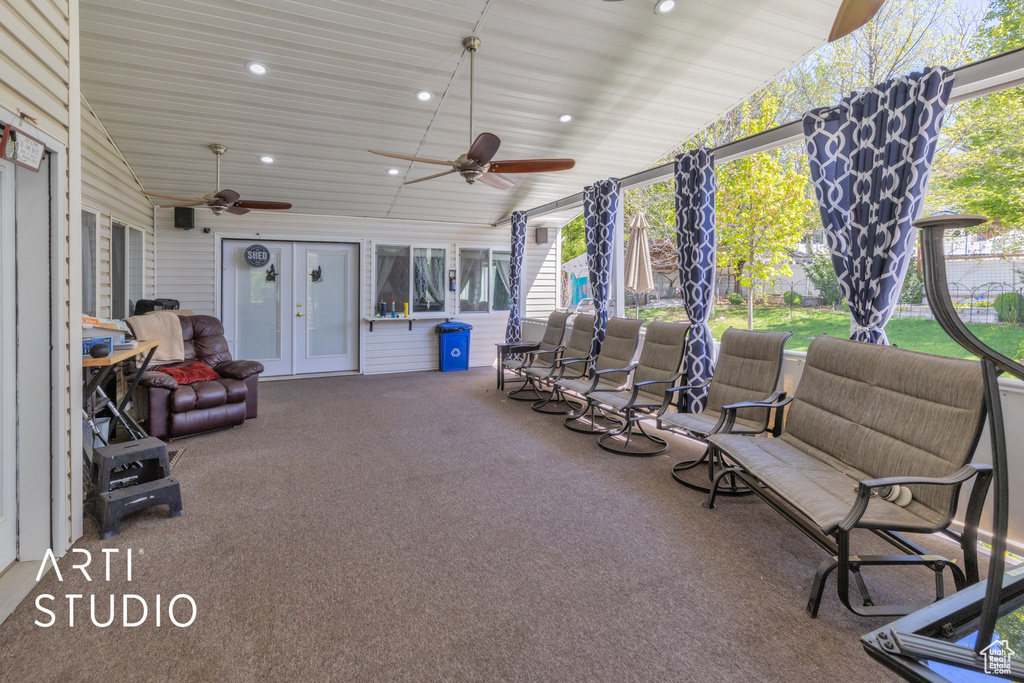 View of patio / terrace featuring a ceiling fan and french doors