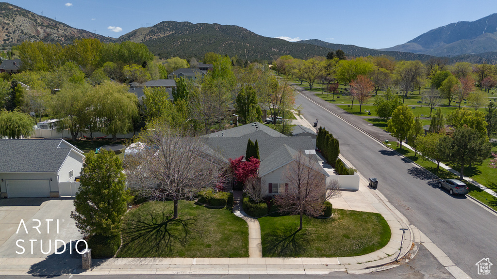 Drone / aerial view with a mountain view