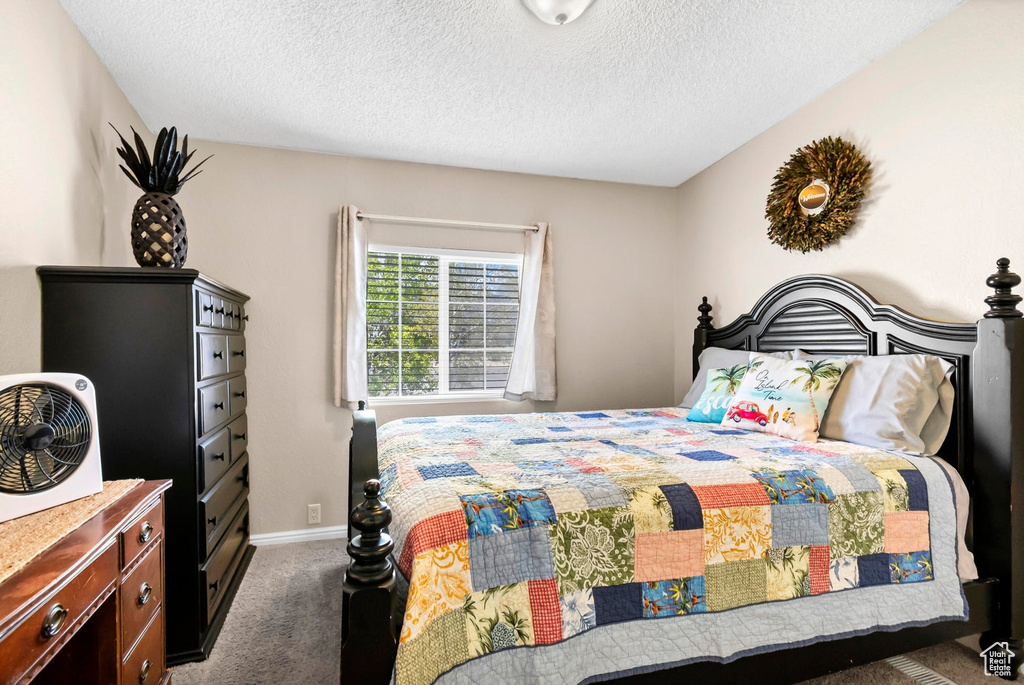 Carpeted bedroom with baseboards and a textured ceiling